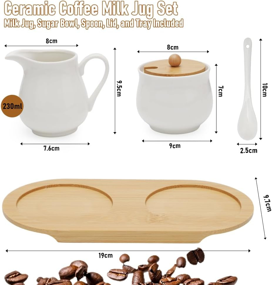 Set latte e zucchero con coperchio e cucchiaio, lattiera e contenitore zucchero in ceramica 5 parti con tavoletta in legno, contenitore latte e zucchero per cucina, caffè, forno microonde e lavastoviglie (bianco)