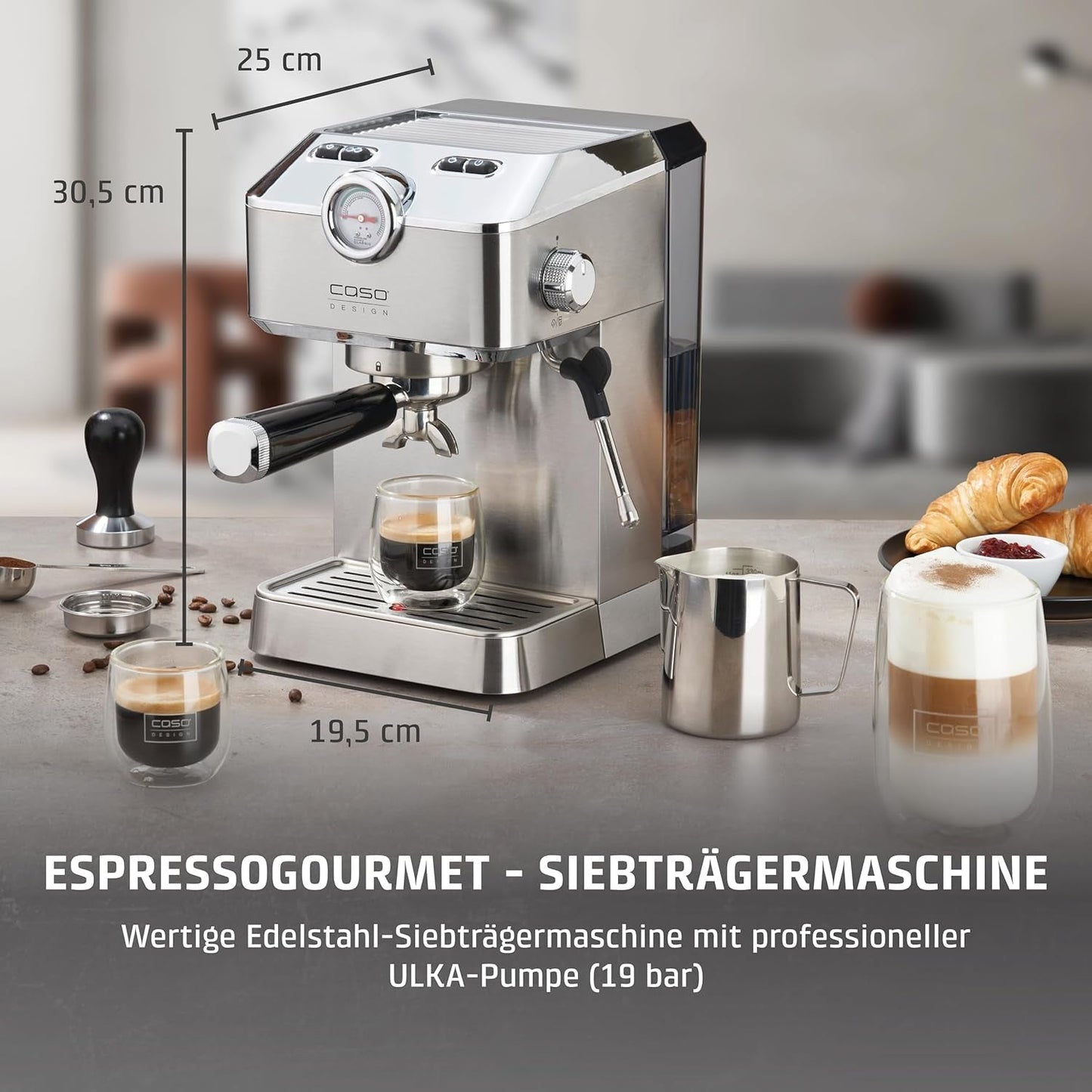 Caso Espresso Gourmet - Macchina per caffè espresso con portafiltro in acciaio inossidabile, potente pompa Ulka da 19 bar, con montalatte, per caffè macinato o capsule di caffè ESE, per 2 tazze, con scaldatazze