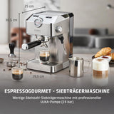 Caso Espresso Gourmet - Macchina per caffè espresso con portafiltro in acciaio inossidabile, potente pompa Ulka da 19 bar, con montalatte, per caffè macinato o capsule di caffè ESE, per 2 tazze, con scaldatazze