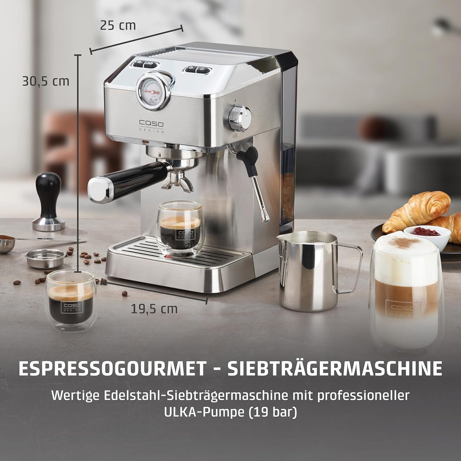 Caso Espresso Gourmet - Macchina per caffè espresso con portafiltro in acciaio inossidabile, potente pompa Ulka da 19 bar, con montalatte, per caffè macinato o capsule di caffè ESE, per 2 tazze, con scaldatazze
