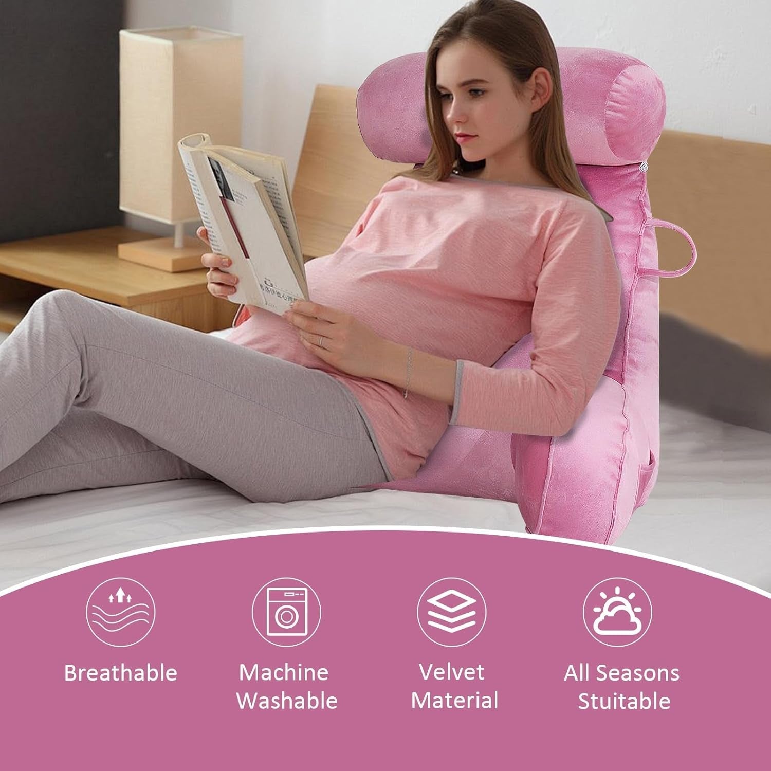 Cuscino da lettura XL per letto e divano con paranuca staccabile, cuscino per la schiena ideale per adulti con memory foam per leggere, lavorare, giocare, guardare la TV, rilassarsi (rosa) confortevole