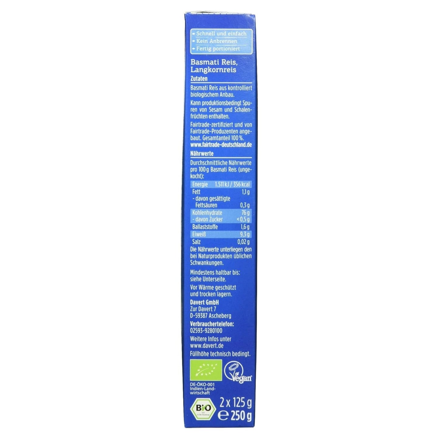 Davert Riso Basmati biologico in buste da cucina, 2 buste, 250g