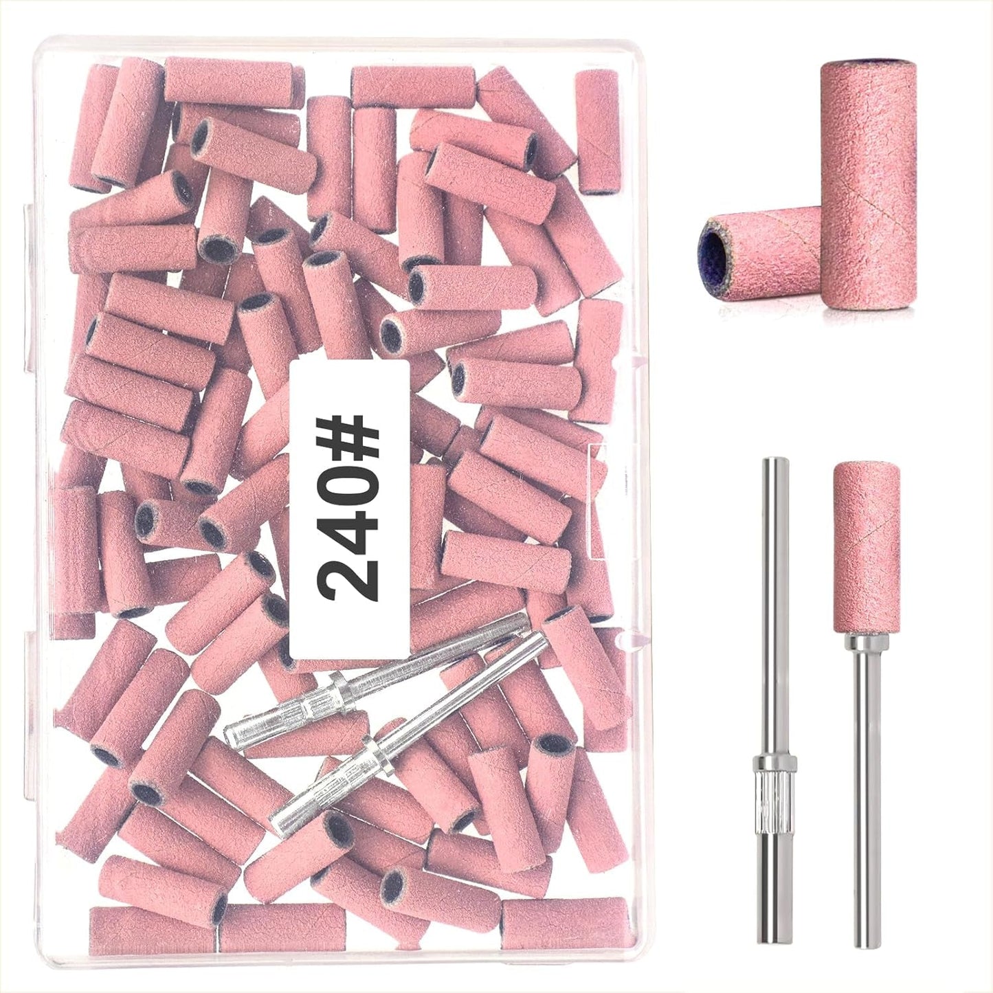 BLESWIN Nastri abrasivi piccoli per punte da trapano per unghie, 100 pezzi, grana fine 240 con 2 punte da trapano da 3 mm, mini nastri abrasivi per lucidare unghie naturali e pulire cuticole per la preparazione, rosa
