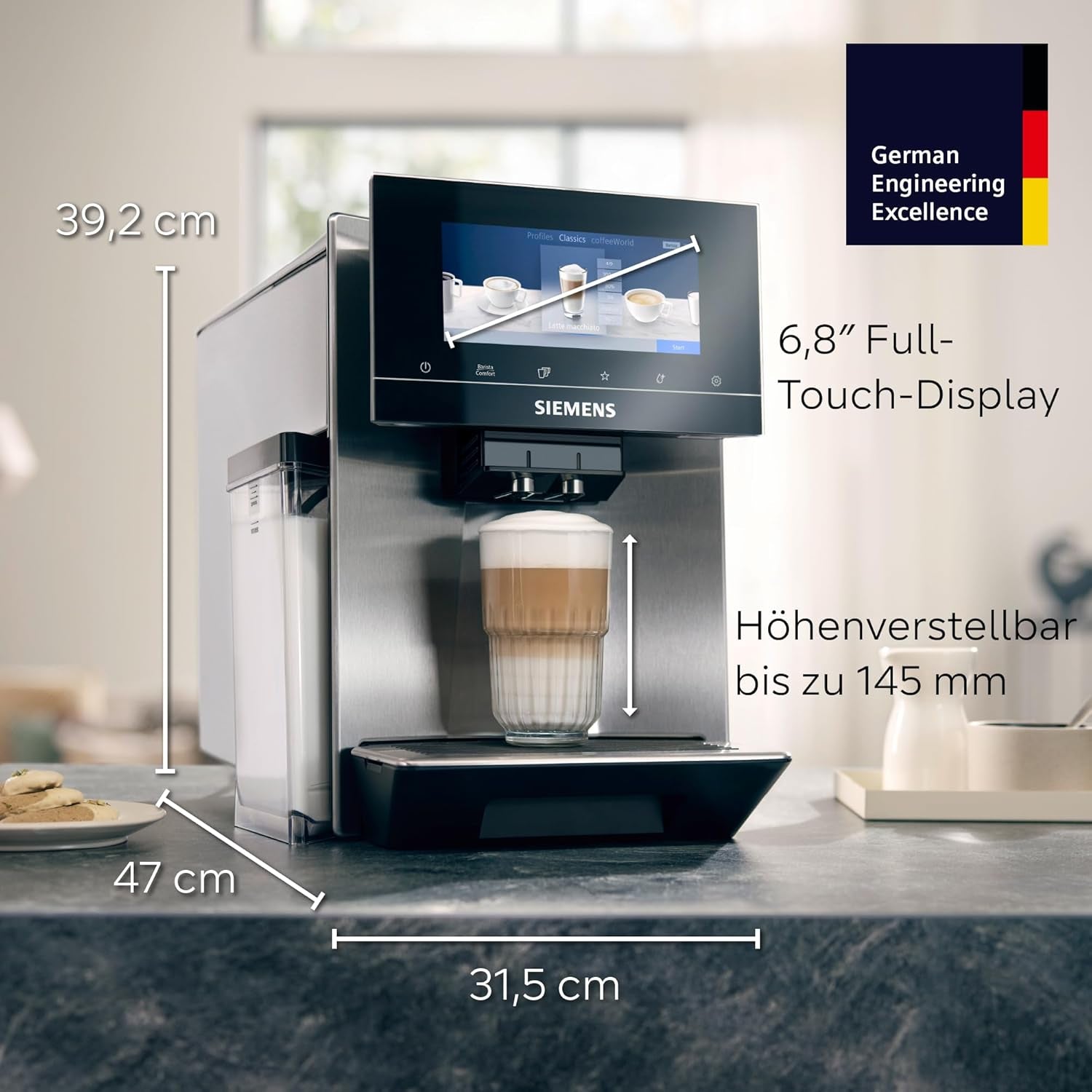 Siemens EQ900 TQ903D03 Macchina per caffè espresso automatica, Controllo app, Display touch intuitivo, Modalità Barista, AromaBoost, Riduzione del rumore, Macinacaffè Premium, Pulizia automatica a vapore, 1500 W, Acciaio inossidabile