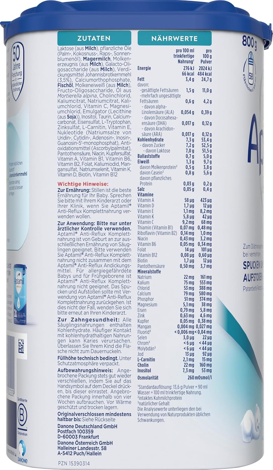 Aptamil Anti-Reflusso - Formula completa dalla nascita Gestione alimentare Vomito e rigurgito Alimenti per bambini Latte in polvere 1 x 800 g