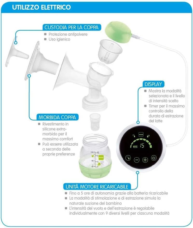 MAM Tiralatte elettrico e manuale 2 in 1, con 9 livelli di stimolazione, contiene 2 biberon, easy start, verde Accessori Alimentazione e Allattamento Bebe Naty Shop