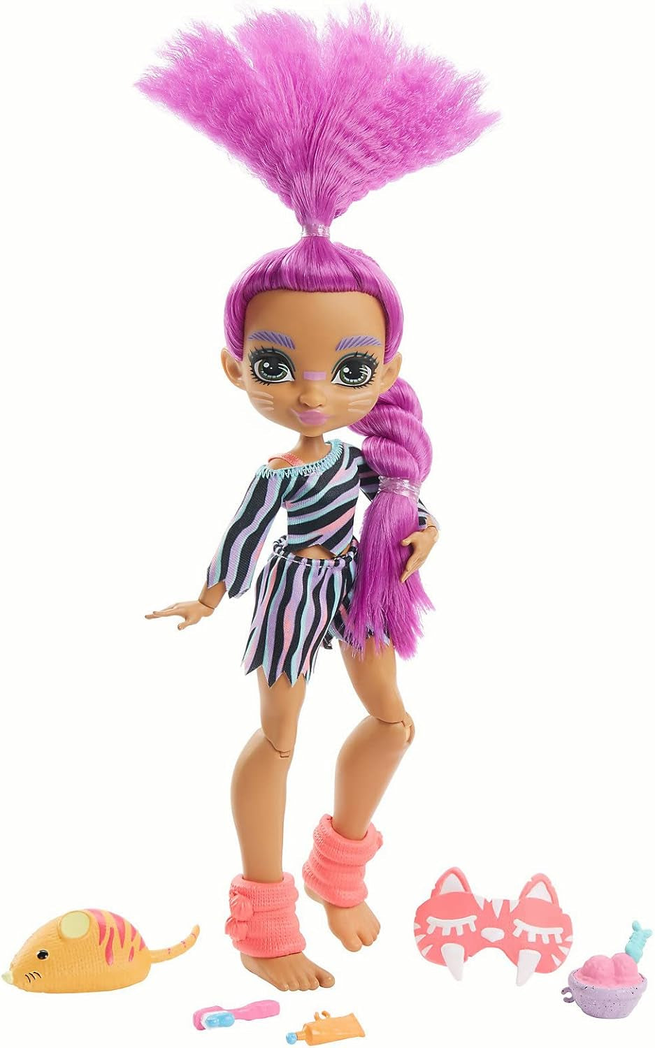 Cave Club GTH02 - Roaralai Pyjama Party Fun Doll, bambola articolata con capelli viola e accessori, regalo per bambini dai 4 anni in su, multicolore