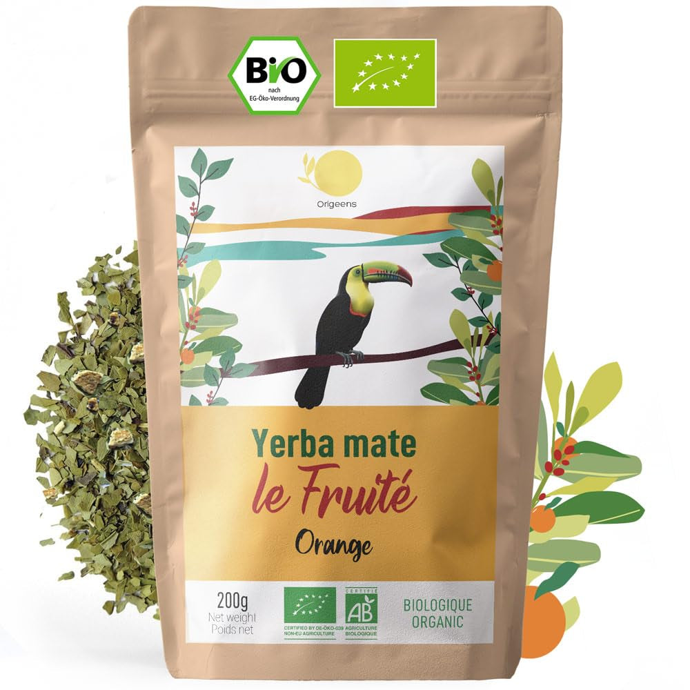 ORIGEENS BIO YERBA MATE alle arance 200 G - Tè fruttato I Tè Yerba Mate biologico non tostato, senza gambi e polvere I Bevanda energizzante e disintossicante