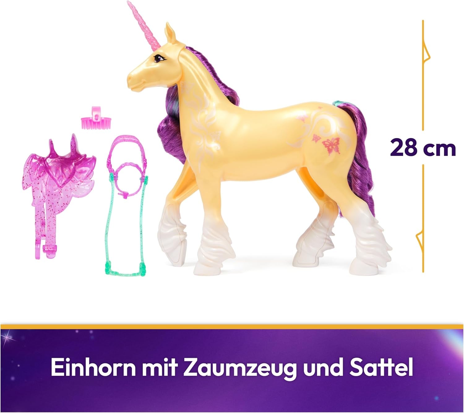 Unicorn Leaf Unicorn Academy - Unicorno originale Ava alto 28 cm della serie Netflix con vera criniera e coda, briglie, sella e spazzola rimovibili, per bambini dai 4 anni in su