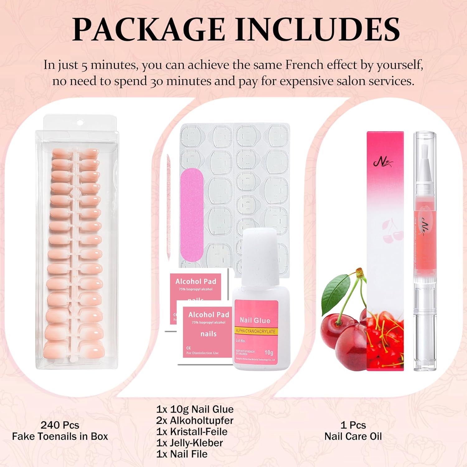 Set di 240 unghie quadrate sfumate, unghie artificiali sfumate bianche nude per colla con penna a olio, unghie finte naturali medie ombre per donne fai da te (Nude Square)