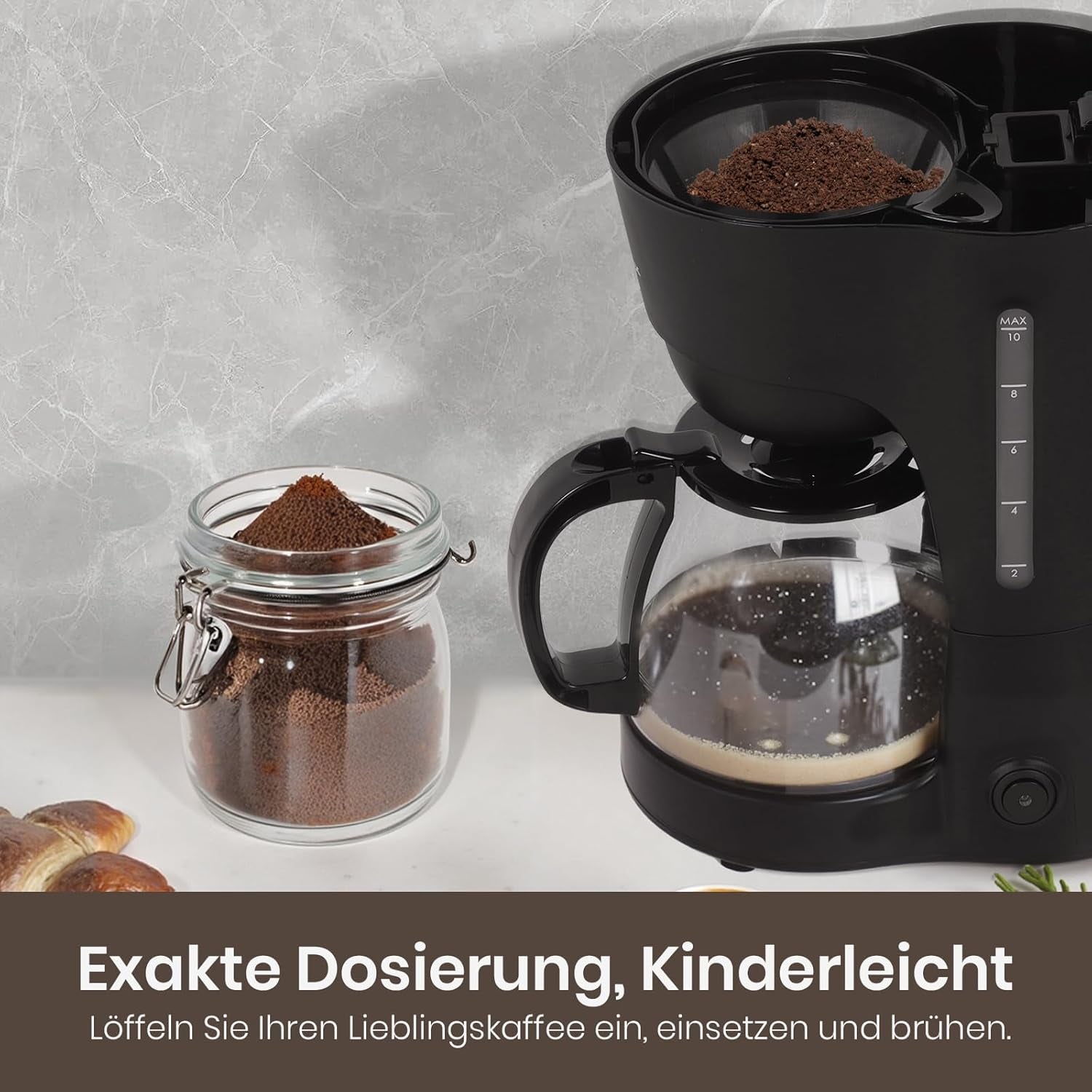 Caffettiera con filtro da 1,25 l per 10 tazze di caffè con filtro, caraffa in vetro lavabile in lavastoviglie, thermos, sistema antigoccia, spegnimento automatico, 600 W, protezione contro l'ebollizione senza acqua per casa e ufficio