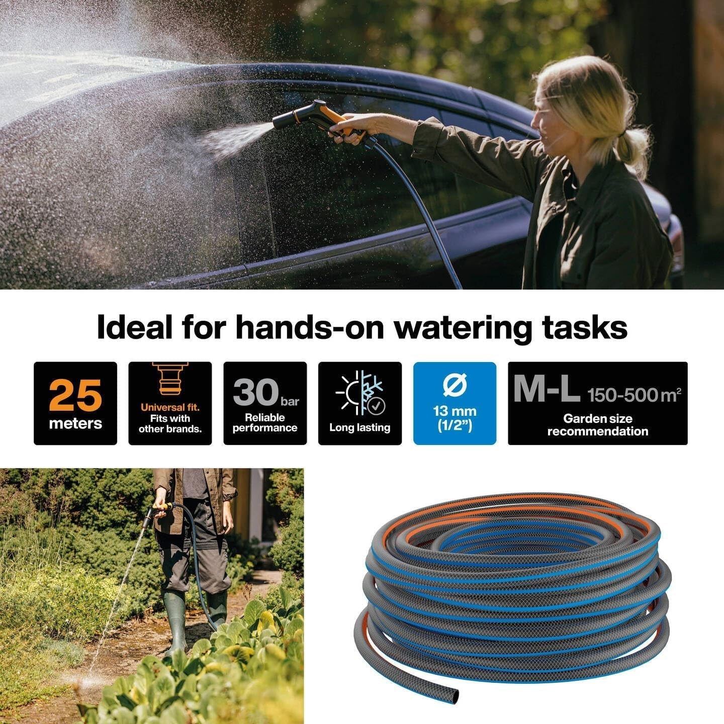 Fiskars Tubo da giardino ML Serie X Tubo dell'acqua per irrigazione manuale 13 mm (1/2"), Lunghezza: 25 m, Collegamento universale, Protezione UV, Protezione antigelo, Resistente alla torsione, Blu, 1076045