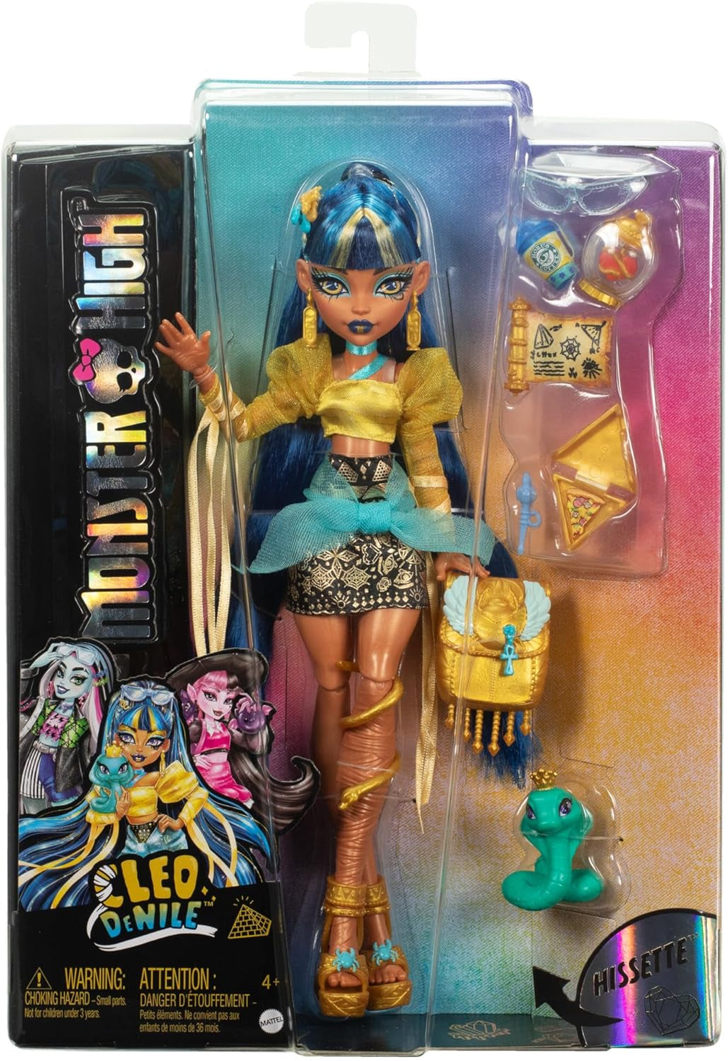 Monster High - Cleo De Nile, bambola con camicetta dorata e gonna a strati, include l'animale Cobra Hissette e accessori come zaino, snack e rotolo di carta, HXH74 Naty Shop Dolls
