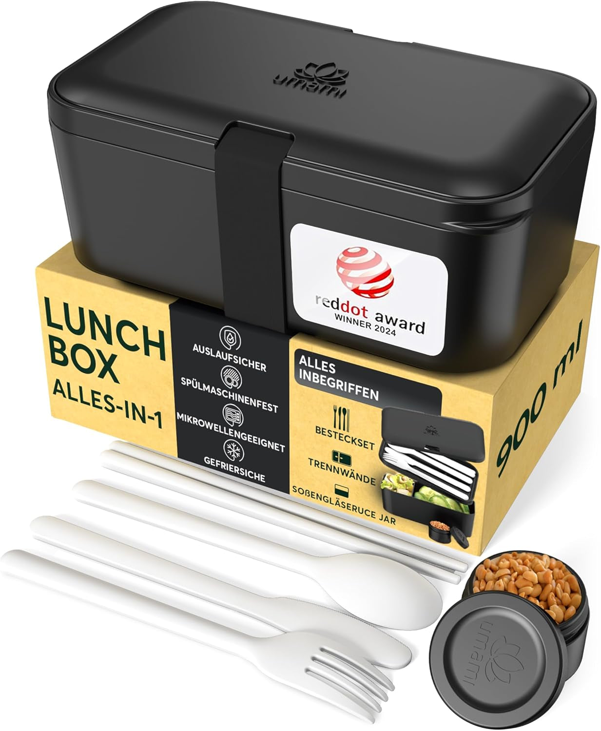 Portapranzo Umami per Adulti, Bento Box impilabile con 4 posate e scomparti, Portapranzo per adulti, Contenitore per insalata da asporto, Portapranzo da picnic/ufficio, Grigio antracite, 1500ml Naty Shop Scatole per alimenti nero onice - 900 ml M - 900/1000 ml