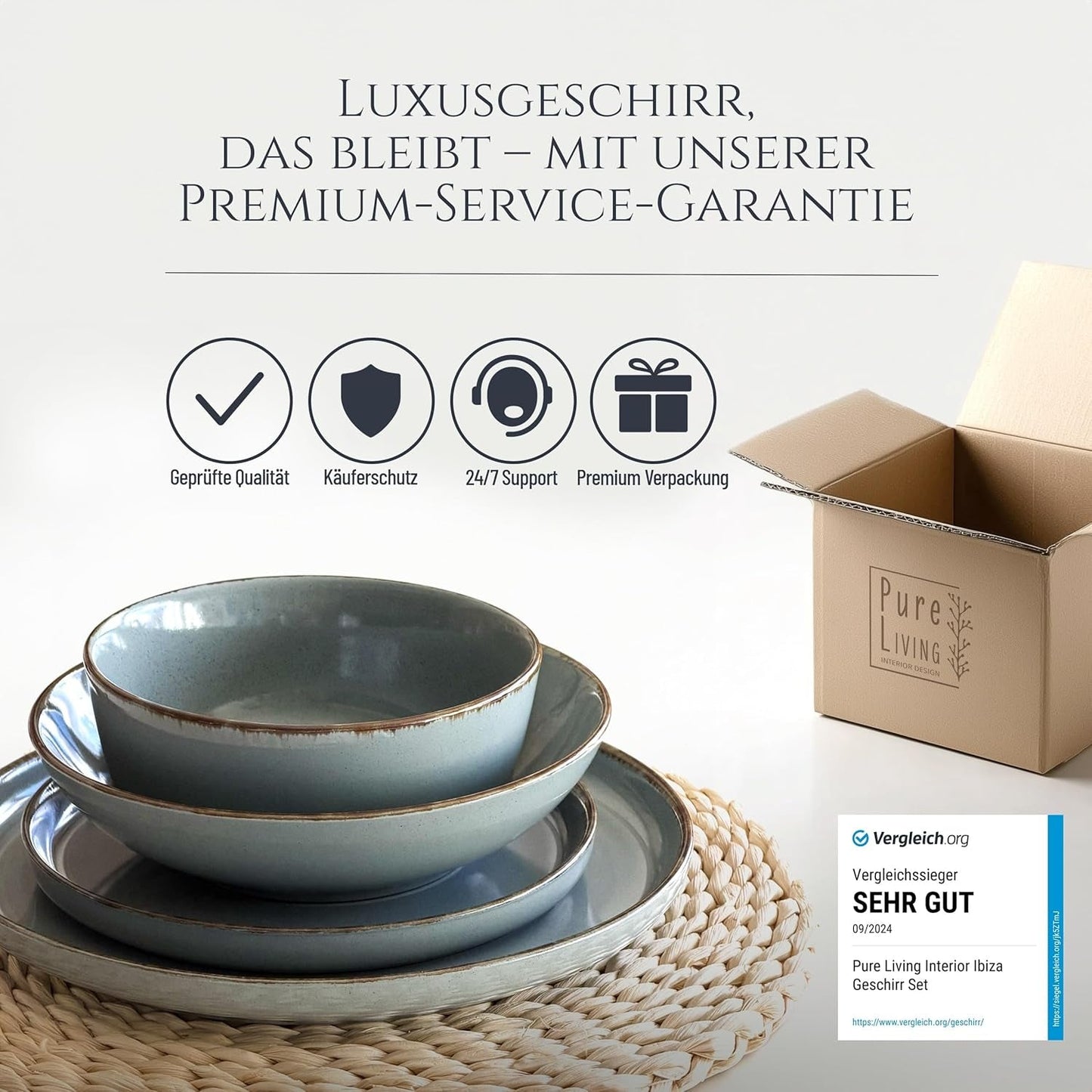 Steingut Geschirrset 6 Personen Rustico 24 tlg. TESTSIEGER, Hochwertiges Landhaussttil Steingut Geschirr Set, Schüssel- und Teller Set, Tafelservice 6 Personen, Geschirrsets Pure Living in Rauchblau
