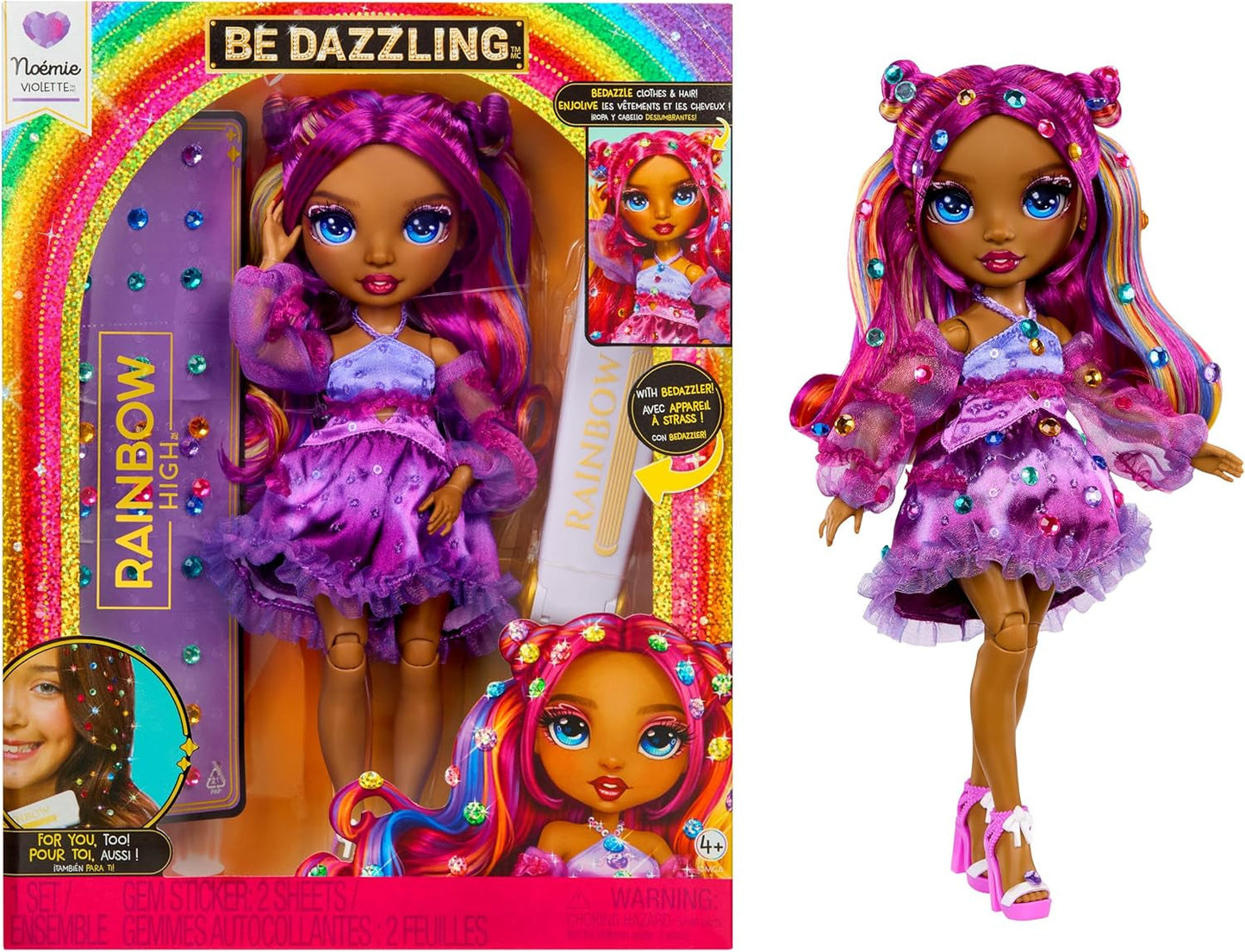 Rainbow High Be Dazzling - Noemie Violette - Bambola alla moda lilla da 28 cm con strumento per decorare, pietre preziose scintillanti e accessori per lo styling