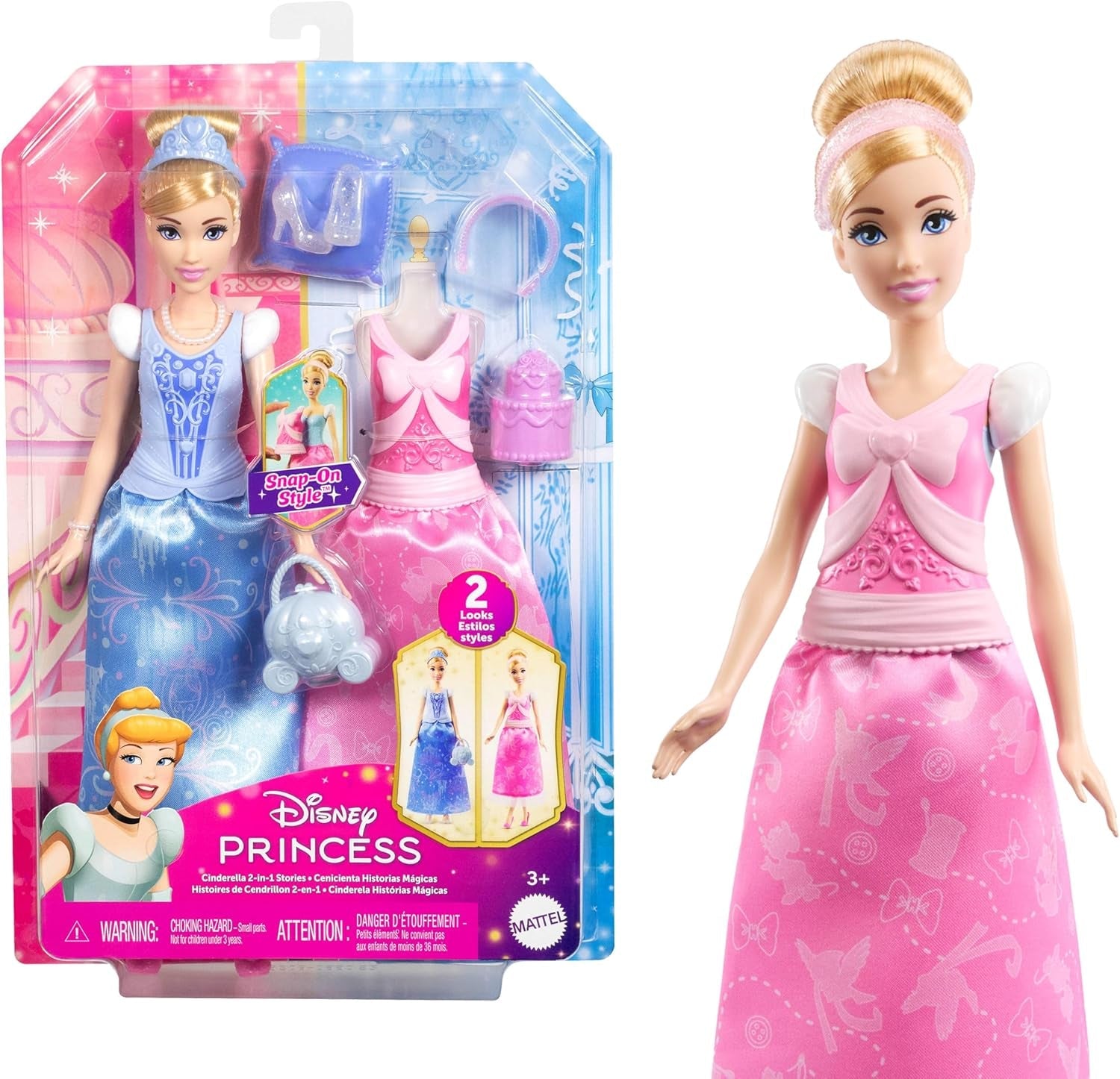 Mattel Disney Princess Toys Bambola fashion Cenerentola con 2 abiti, 9 accessori, 2 top con clip e 2 gonne. Poveşti 2 in 1 ispira il film Disney, JCR95