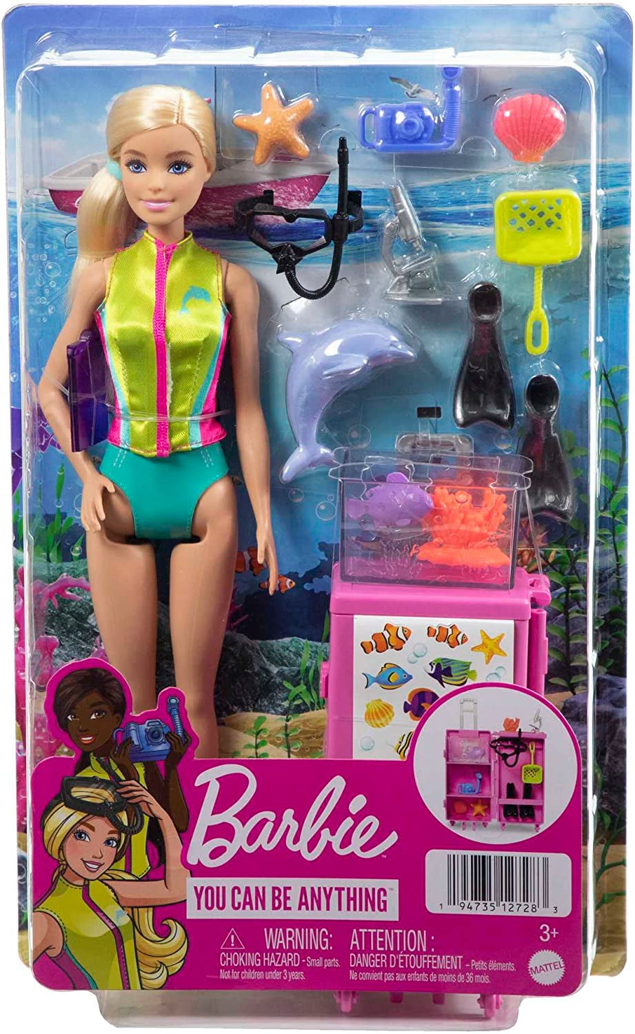 Serie Barbie Puoi Essere Tutto, Biologa Marina, 1x Bambola con Capelli Biondi, Costume da Bagno, Delfino, Accessori, Regalo per Bambini, Giocattolo Età 3+, HMH26
