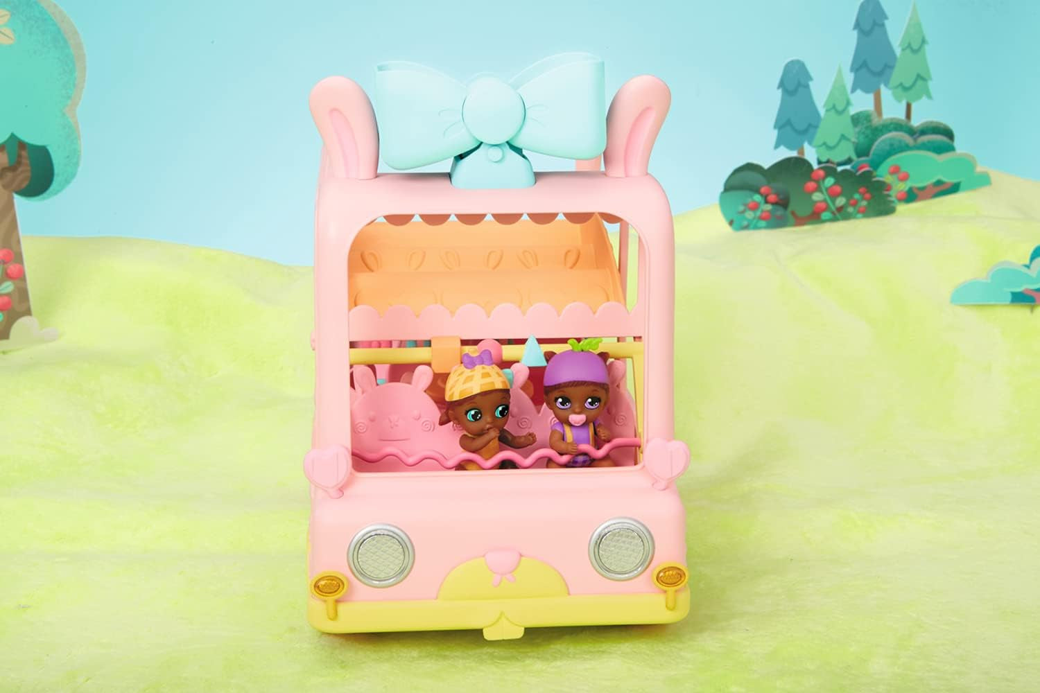 BABY nato 904763 Baby Surprise Bus - mini autobus giocattolo rosa con 2 bambole esclusive, passeggino triplo, altalena, giostra, scivolo e altalena tripla.