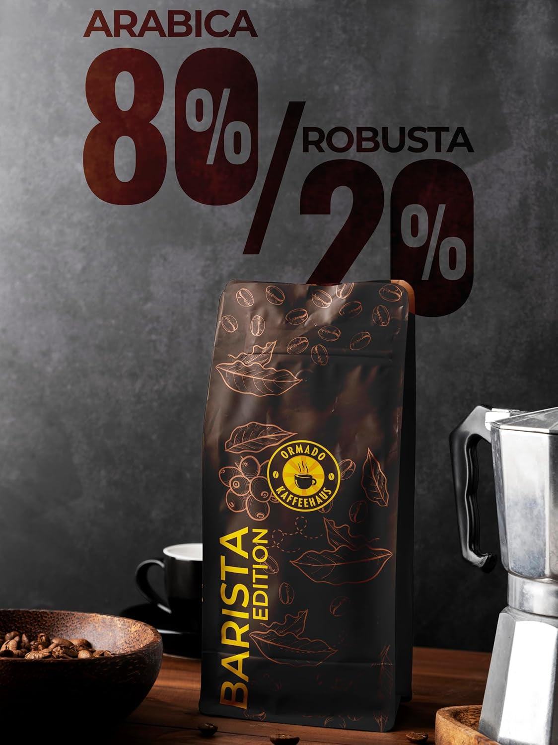 Ormado Coffee House, Capsule di caffè, Caffè in grani brevettato Kenya - Miscela Arabica e Robusta, Caffè in grani interi per macchine da caffè completamente automatiche, Chicchi tostati, Caffè corpo intero 1 kg, Completamente automatica