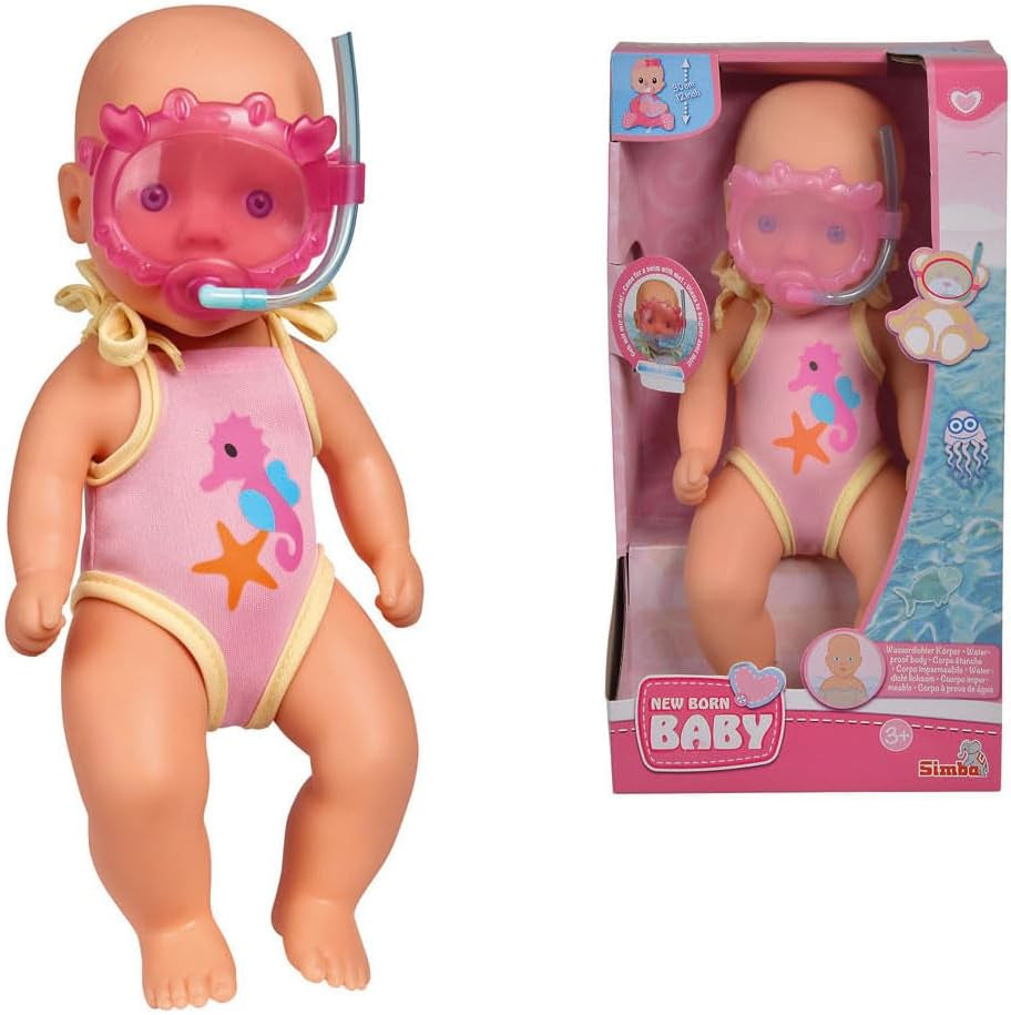 Simba 105030172 - Bambola da bagnetto appena nata, bambola in vinile in costume da bagno con occhialini da nuoto, 30 cm, bambola, età 3+ Bambole Naty Shop