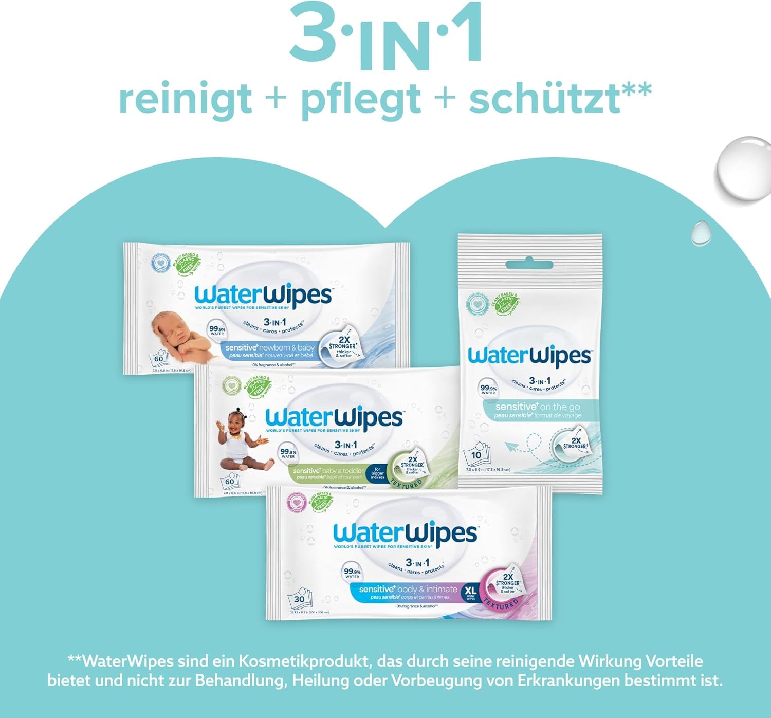 Salviettine umidificate WaterWipes Sensitive+ On The Go, 100 salviette (confezione da 10), 3 in 1 pulisce, cura, protegge, 99,9% acqua, salviette senza profumo
