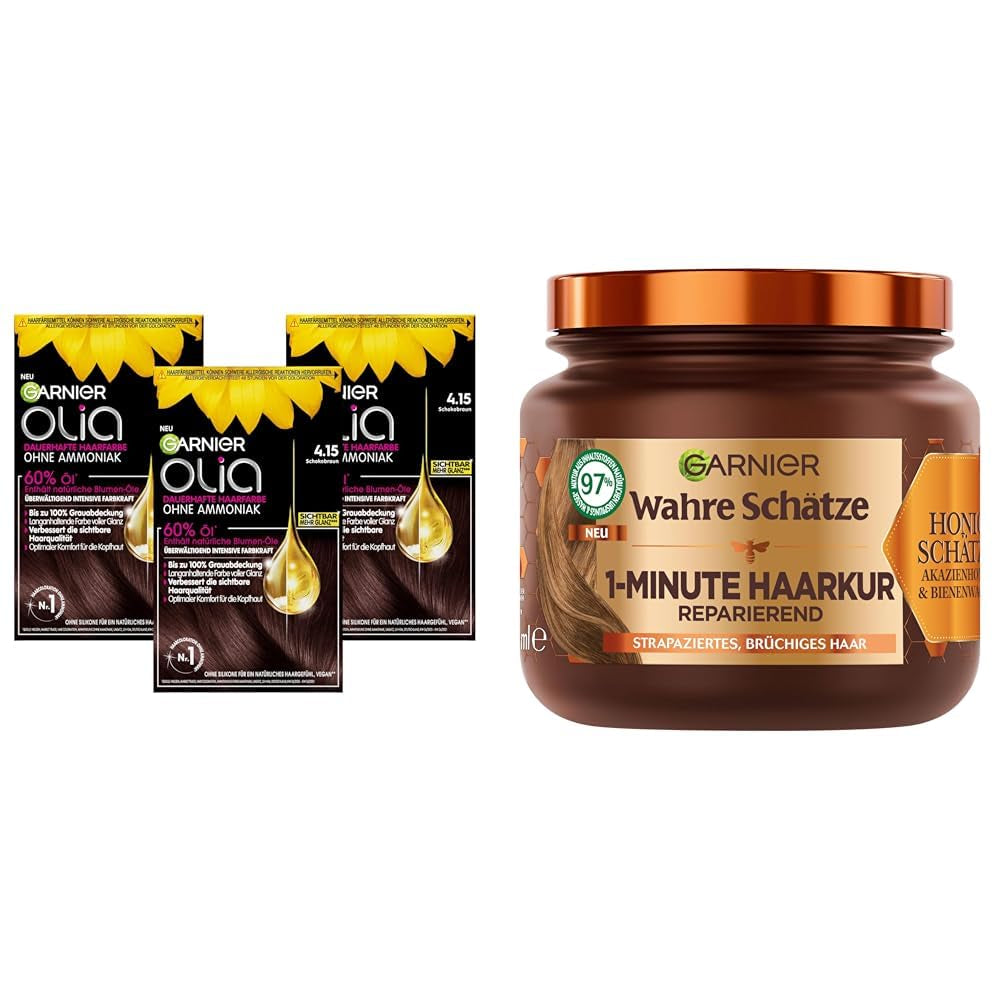 Garnier Olia Hair Color 6.0 Castano Chiaro + True Treasures Repair Treatment (340ml) per capelli danneggiati - colorazione senza ammoniaca, oli naturali, copertura dei capelli grigi, miele e cera d'api, meno rotture dei capelli Naty Shop Hair Color 3X Hair Color + Repair Treatment