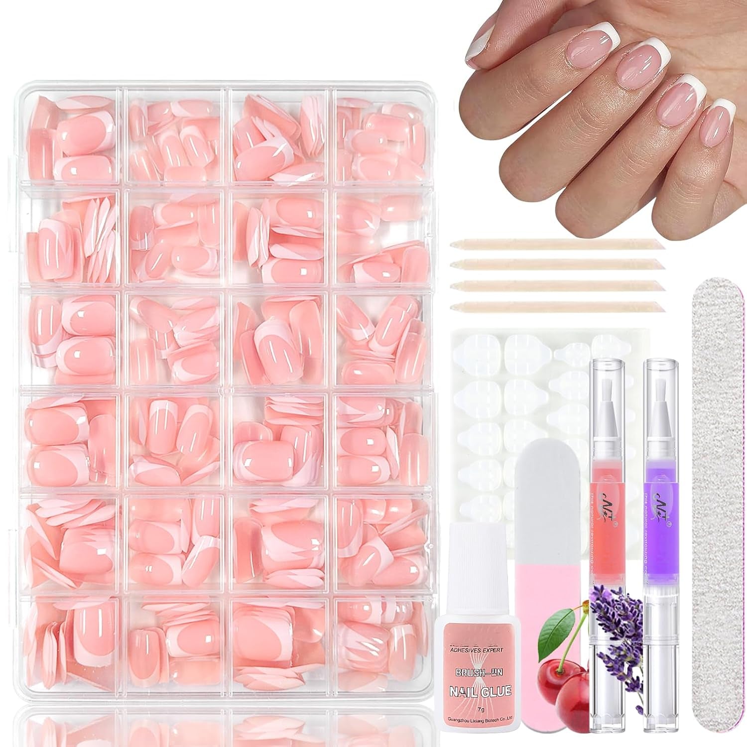 Set di 360 unghie finte ballerina sfumata, unghie artificiali incollate con sfumatura rosa bianca con 2 penne a olio per unghie, unghie finte medie sfumate per donne fai da te