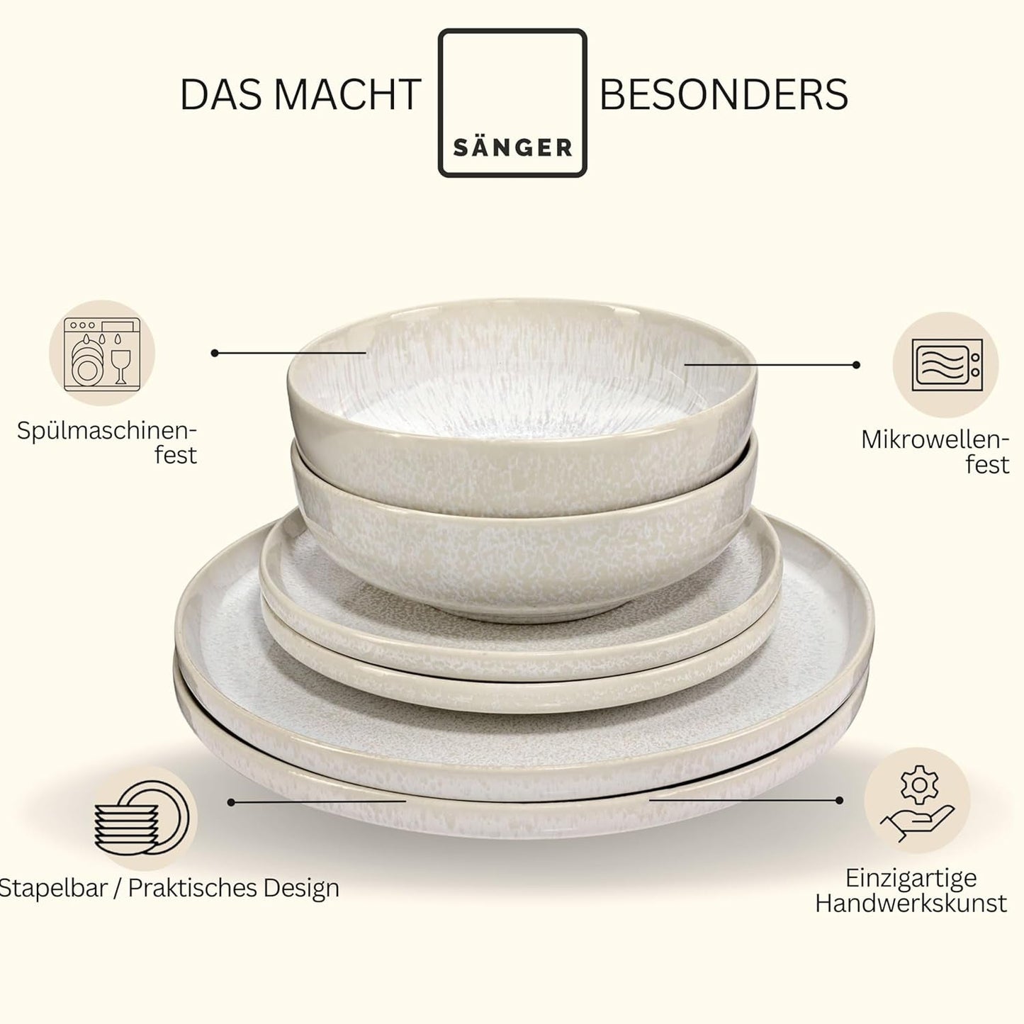 SANGER | Servizio da tavola Corfu da 24 pezzi Servizio da tavola per 8 stoviglie in ceramica fatta a mano, compresi piatti piani, piatti da dessert e piatti Suma, stoviglie color crema con texture sabbia