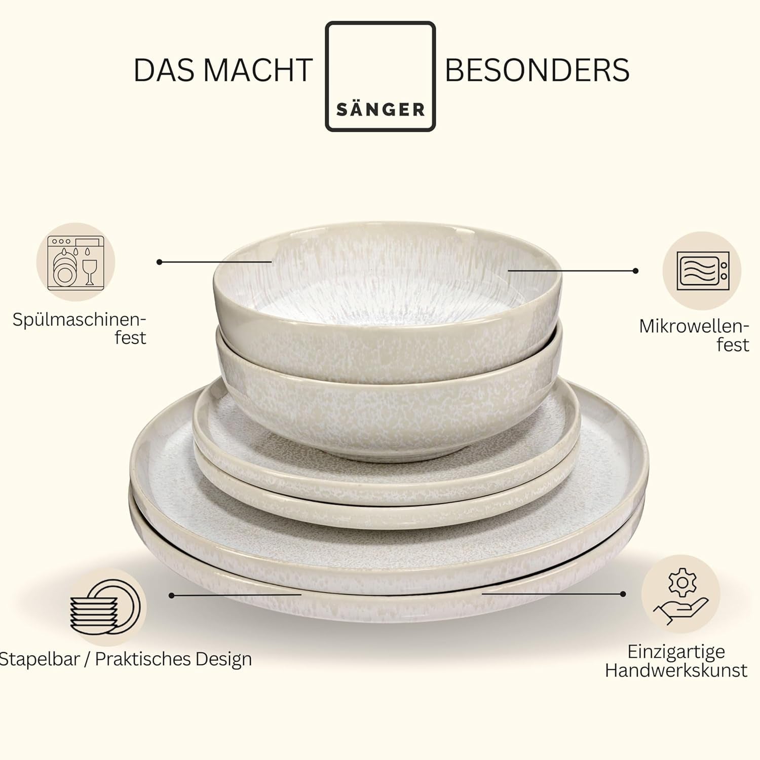 SANGER | Servizio da tavola Corfu da 24 pezzi Servizio da tavola per 8 stoviglie in ceramica fatta a mano, compresi piatti piani, piatti da dessert e piatti Suma, stoviglie color crema con texture sabbia