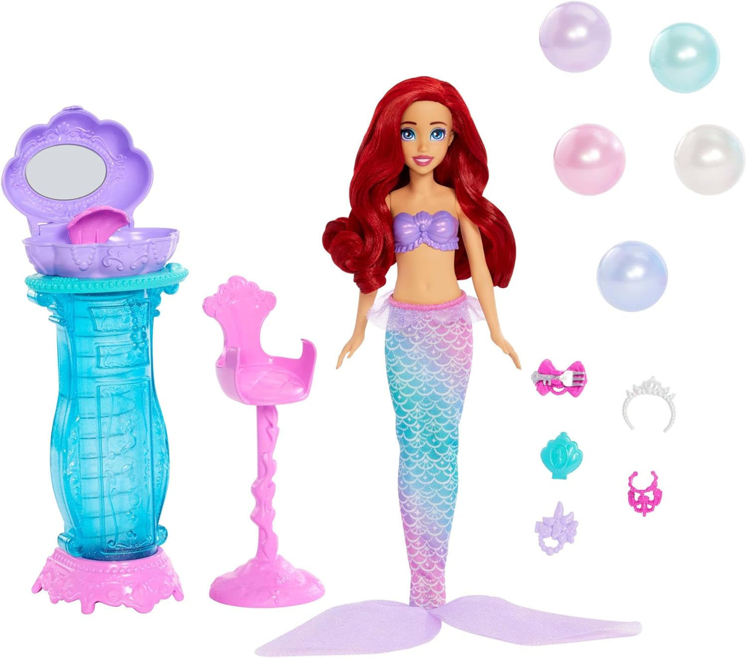 Mattel Disney Princess Toys, bambola per il trucco Sirena Arielle alla moda con coda staccabile, tavolino per il trucco con 5 sorprese pop-up ripetibili e 5 accessori, JBF86 Naty Shop Dolls