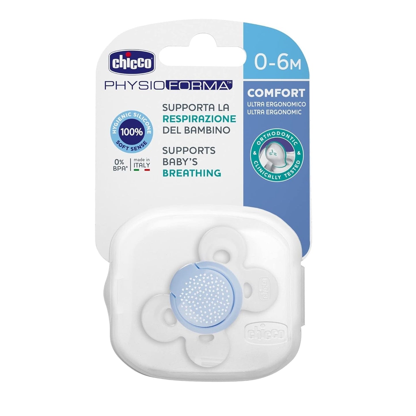 Ciuccio Chicco PhysioForma Comfort 16-36 Mesi, Ciuccio per Neonati con Tettarella in Silicone, 1 Pezzo, Supporta la Respirazione Fisiologica e il Corretto Sviluppo Orale, Blu