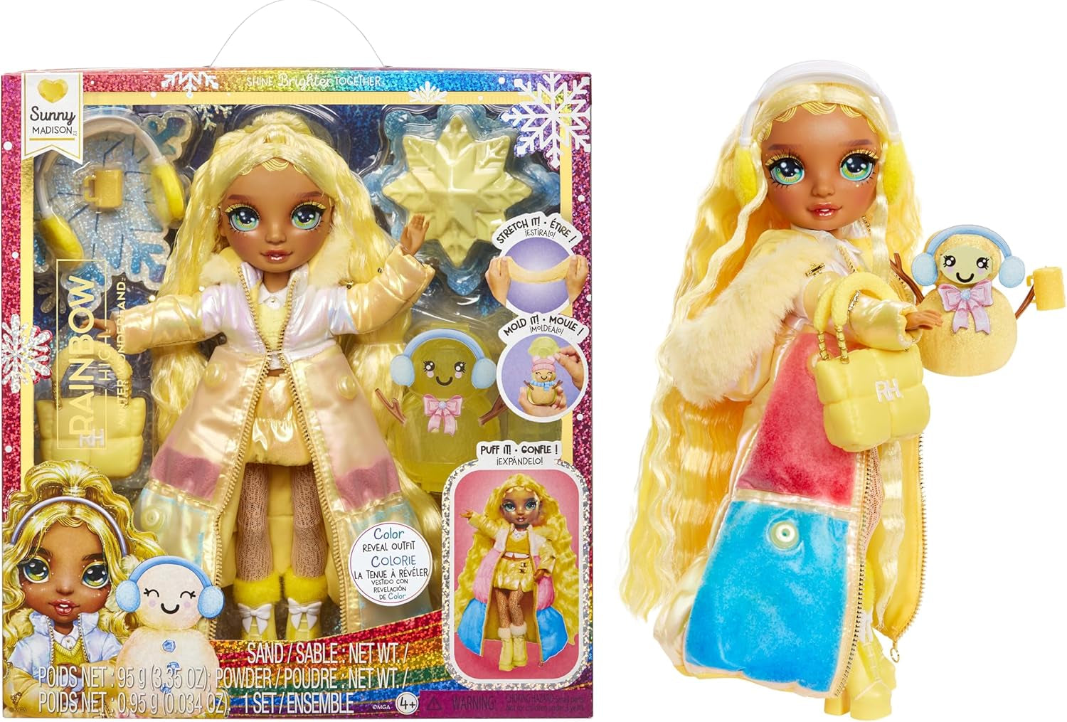 Rainbow High Winter Wonderland - Skyler (Blu) - Bambola alla moda con accumulo di acqua magica nascosta da 28 cm con set pupazzo di neve, adatta per bambini dai 4 ai 12 anni e collezionisti Naty Shop Sunny Dolls (Giallo)