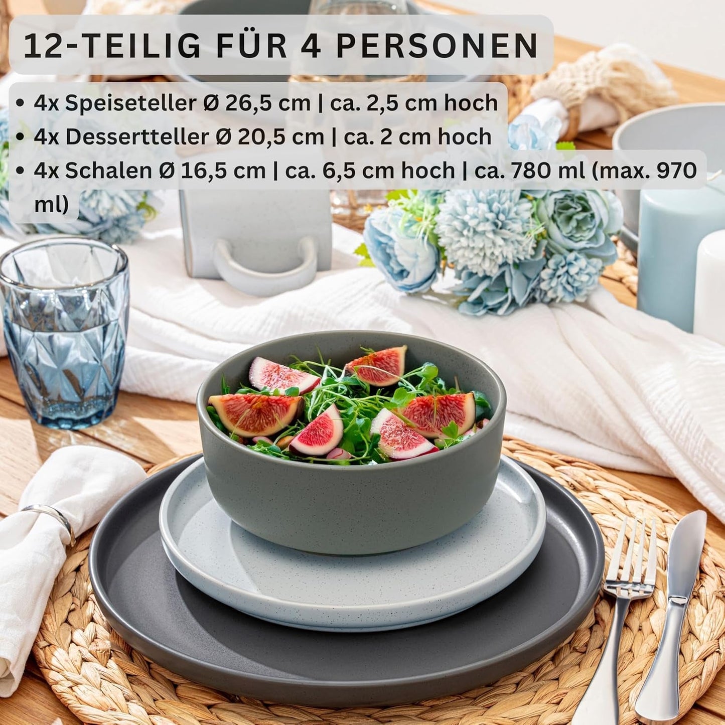 SÄNGER Leeds | Set di stoviglie in gres da 12 pezzi Set di piatti piani per 4 persone (4 piatti piani, 4 piatti dessert, 4 ciotole), stoviglie colorate antigraffio | LA COLLEZIONE DI VALORE