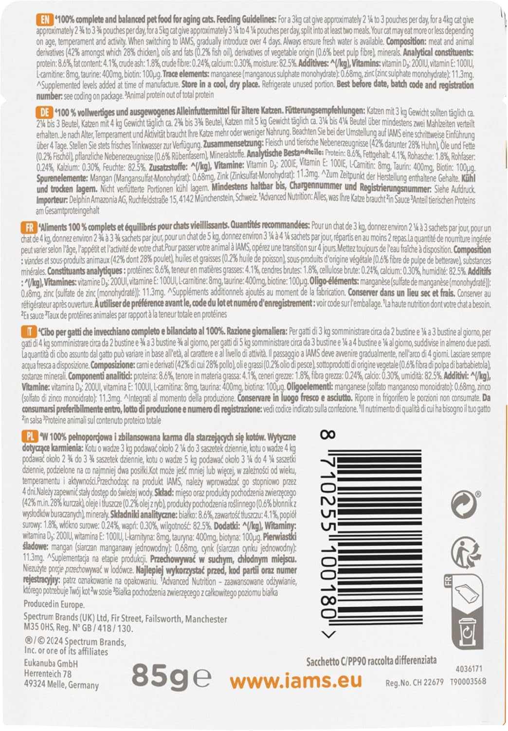 IAMS Delights Cibo umido per gatti con pollo in salsa per gatti anziani dai 7 anni in su - Formato prova, busta individuale, 1 x 85 g