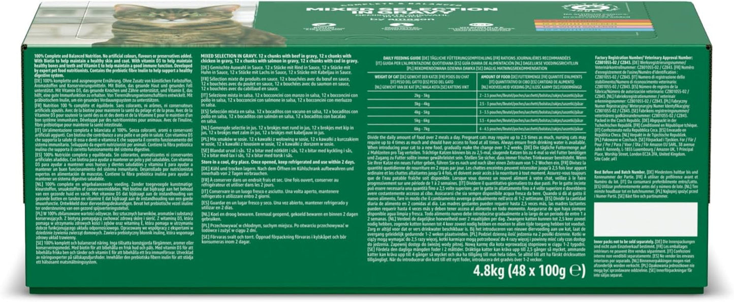 Selezione mista di cibo umido per gatti adulti di Amazon in salsa 4,8 kg (48 confezioni x 100 g)