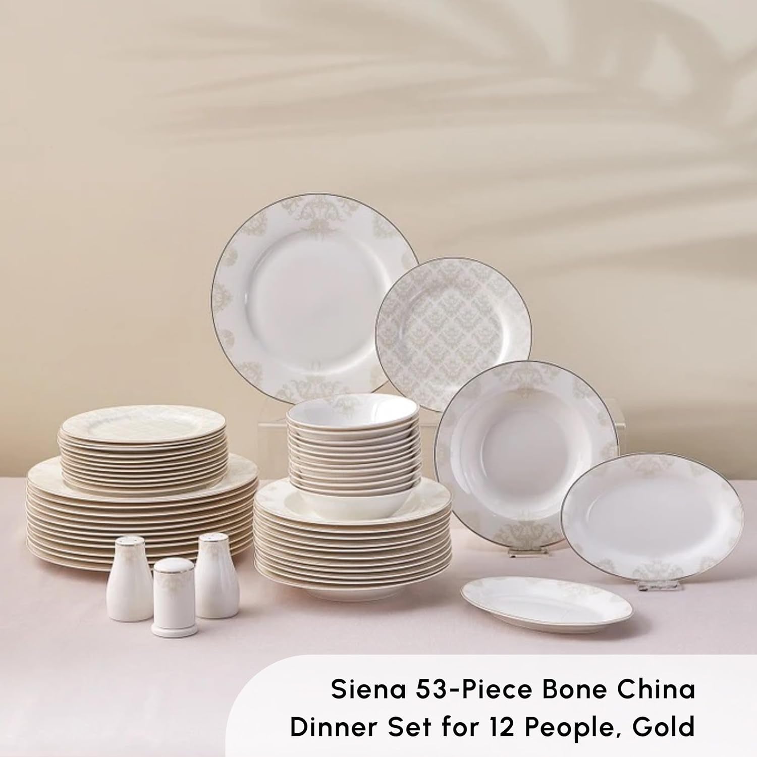 Karaca Elegance Bone Siena Set di stoviglie per 12 persone, moderno set di stoviglie in porcellana, set di stoviglie con ciotole fondi, piatto da portata, piatti fondi, piatti da dessert - Bianco e Oro
