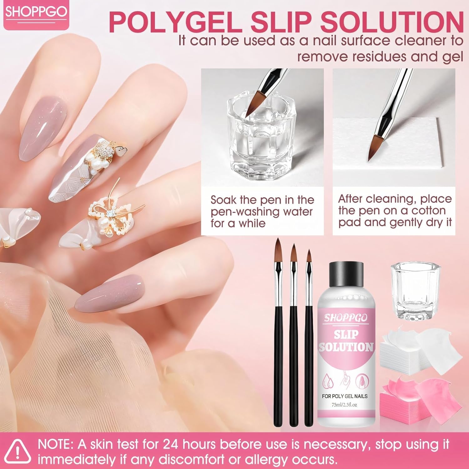 Soluzione lisciante Polygel, kit per unghie Polygel Slip Solution, soluzione lisciante 75 ml, include 5 clip per punte delle unghie, 3 spazzole per unghie, 1 tazza di cristallo, 100 fogli di pulizia