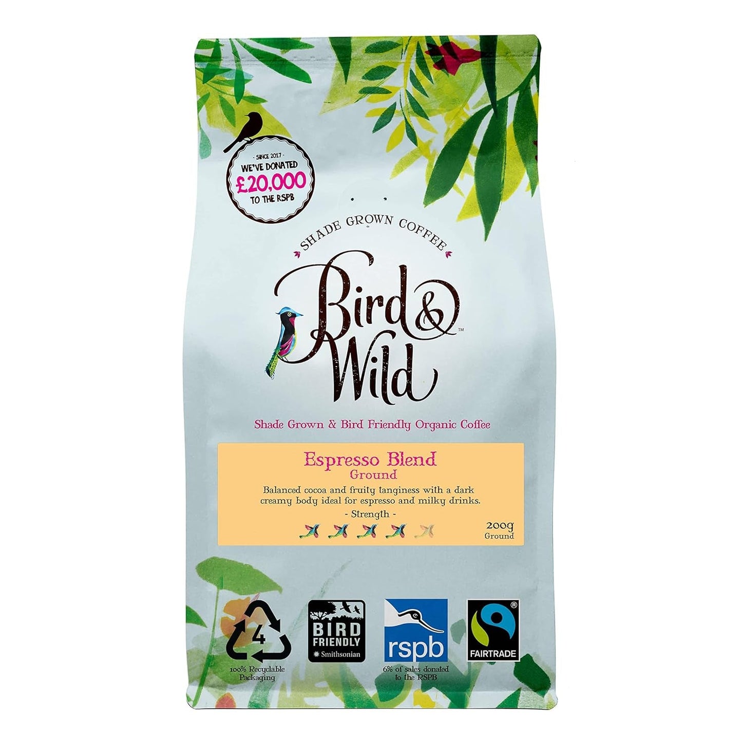 Miscela esclusiva per caffè espresso, commercio equo e solidale, caffè in grani interi, biologico, coltivato all'ombra, protetto dagli uccelli, peso netto 200 g