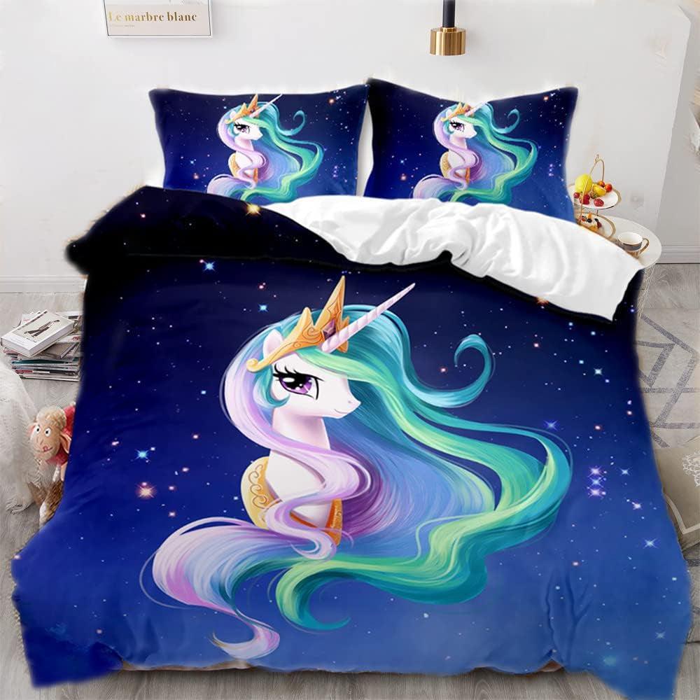 Lenzuola per bambine, Unicorno, 2 federe Lenzuola - bambini Naty Shop Unicorno su fondo blu 220×240 Cm