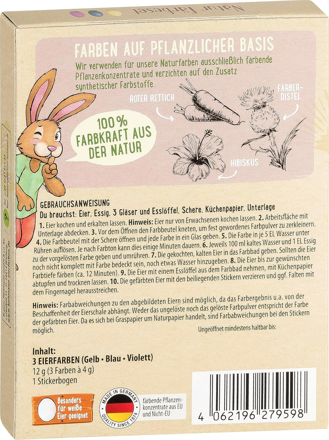 Set di coloranti naturali Heitmann Egg Dye, 3 polveri coloranti all'uovo (giallo, viola, grigio-blu), foglio di adesivi in ​​carta erba