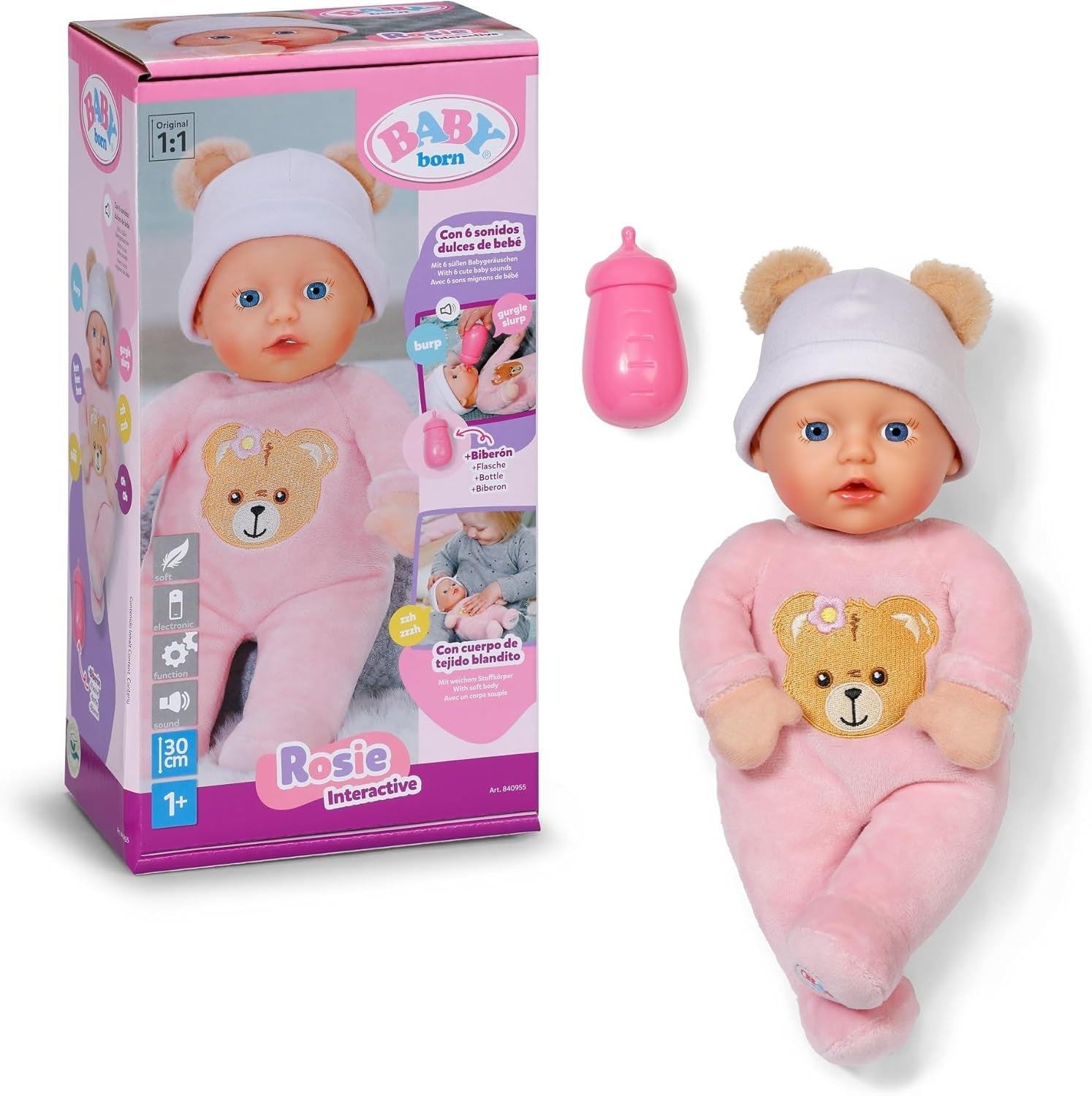 Baby Born Rosie bambola morbida 30 cm con 6 suoni e biberon, rosa