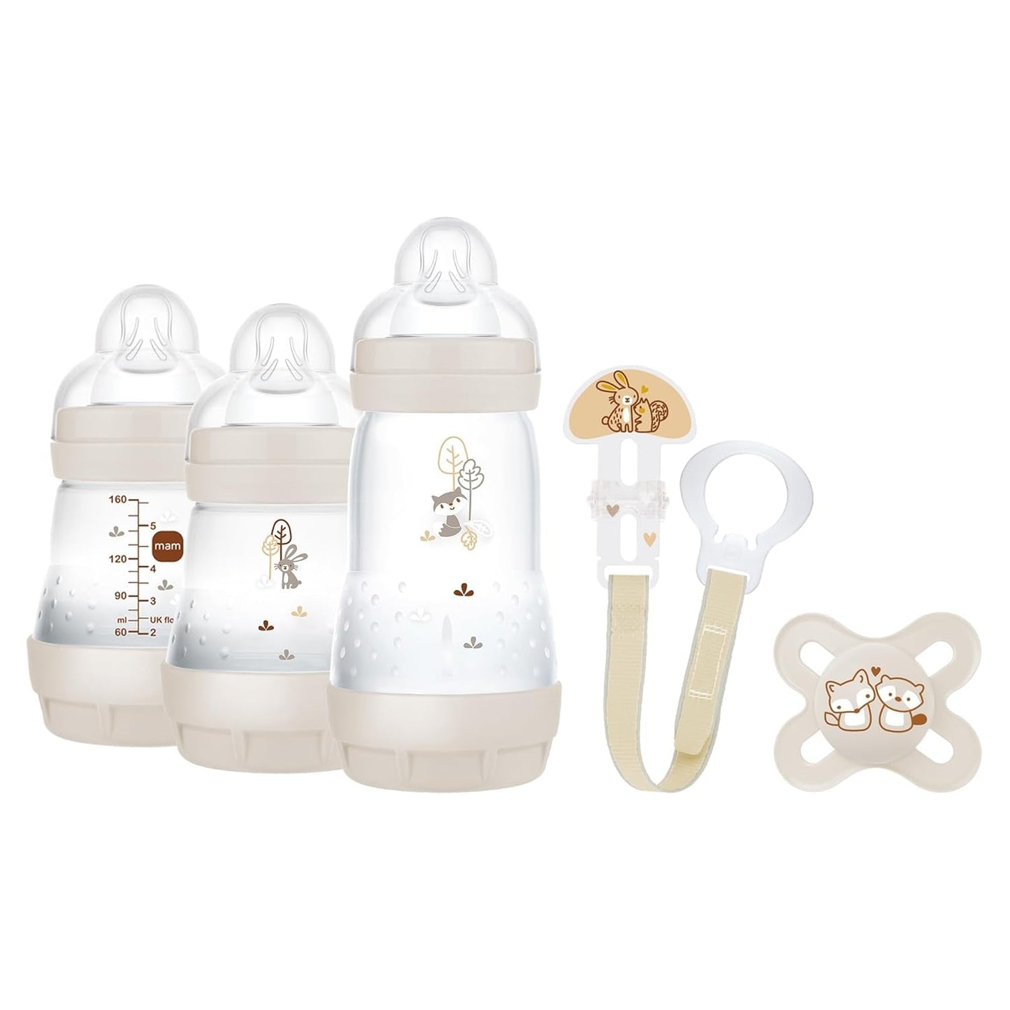 MAM Newborn Set, set regalo, composto da: 2 biberon anticoliche da 160 ml, 1 biberon anticoliche da 260 ml, 1 ciuccio Original Start, 1 spilla per ciuccio, da 0 mesi, Neutro