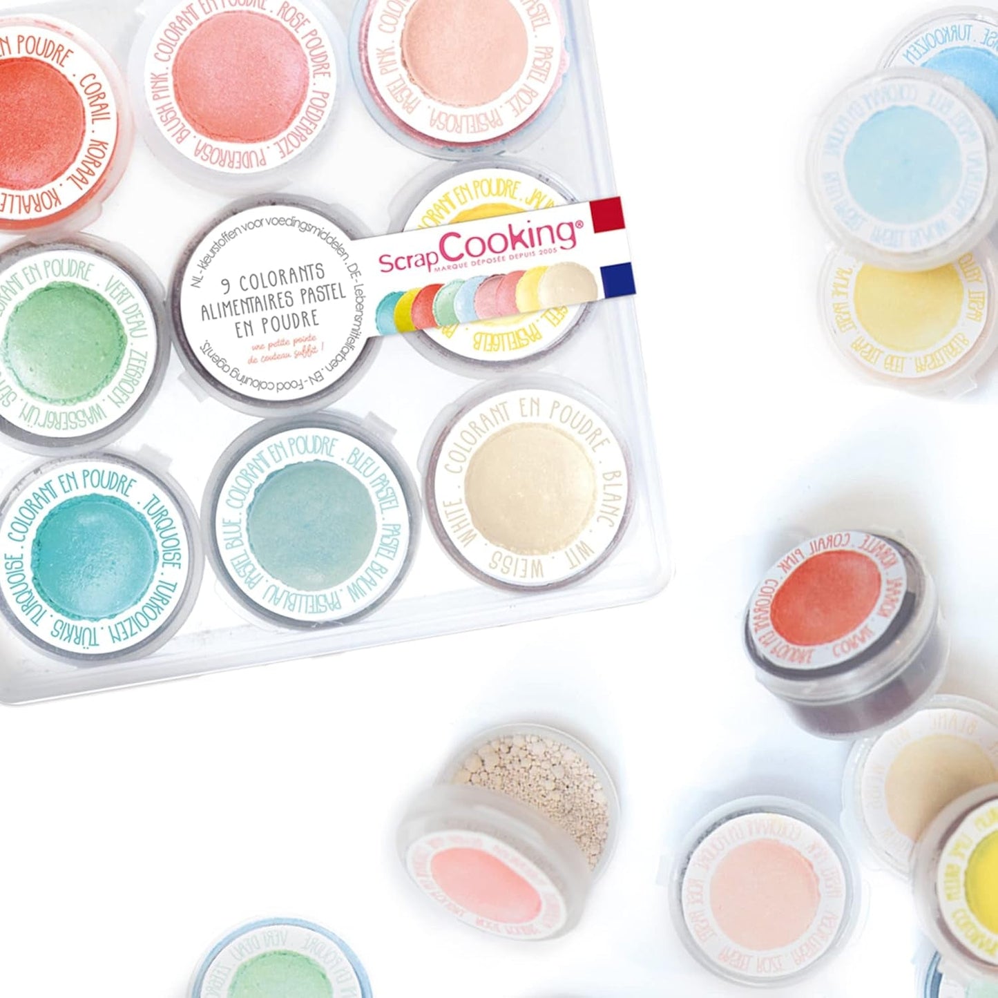 Scrapcooking - Set di 9 coloranti alimentari pastello - Blu, Giallo, Corallo, Rosa, Turchese, Verde lime, Bianco, Verde acqua, Rosa cipria - Polvere colorante commestibile per torte, muffin, macarons - 4272