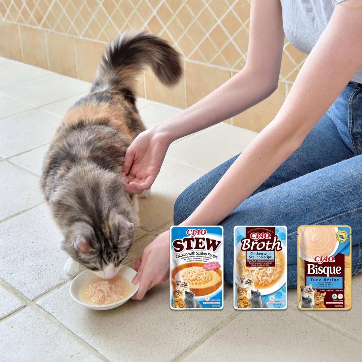 INABA Ciao Broth Cibo umido per gatti 88% di umidità e vitamina E, zuppa premium per gatti con pollo 40 g (confezione da 12), carne naturale al 100%, senza cereali, senza zucchero