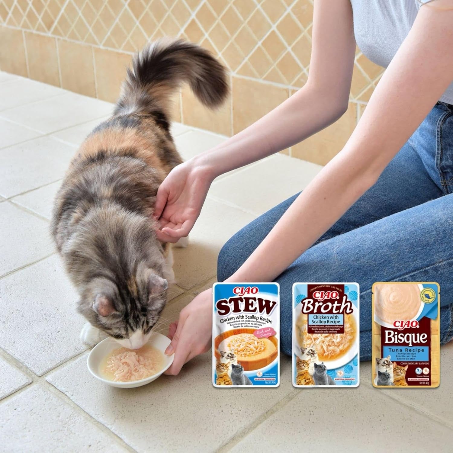 INABA Ciao Broth Cibo umido per gatti 88% di umidità e vitamina E, zuppa premium per gatti con pollo 40 g (confezione da 12), carne naturale al 100%, senza cereali, senza zucchero