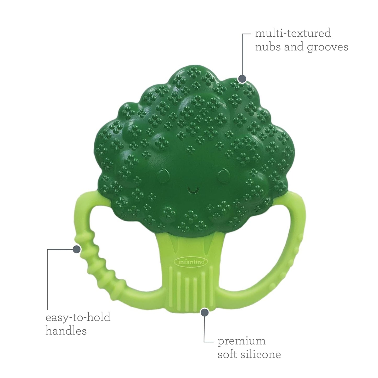 Infantino Lil' Nibbles, Massaggiagengive in silicone testurizzato, Giocattolo massaggiagengive per neonati senza BPA, Morbido, facile da tenere, Stimolazione sensoriale per neonati, Broccoli