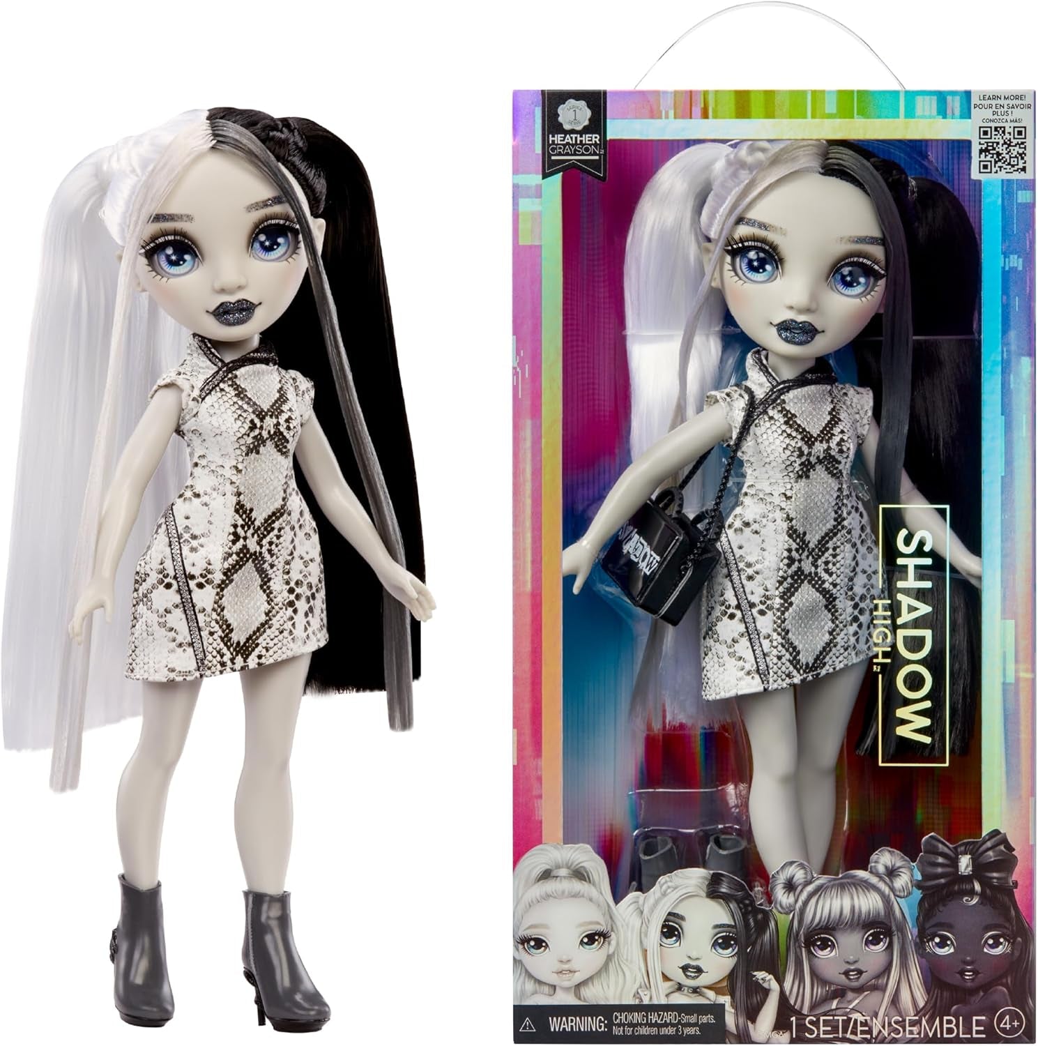 Bambola Rainbow High Shadow High Heather Grayson - 28 cm nei toni del grigio, capelli e vestiti bianchi e neri, borsa elegante, dolce regalo per bambini dai 4 ai 10 anni