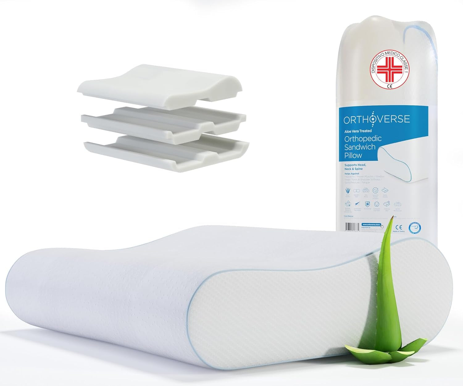 Cuscino ortopedico ORTHOVERSE - cuscino per il collo, cuscino per dormire, cuscino, cuscino in memory foam, cuscino, cuscino per il dolore al collo - regolabile in altezza, fodera in aloe vera, aiuto medico Cuscini ortopedici cervicali Naty Shop 1