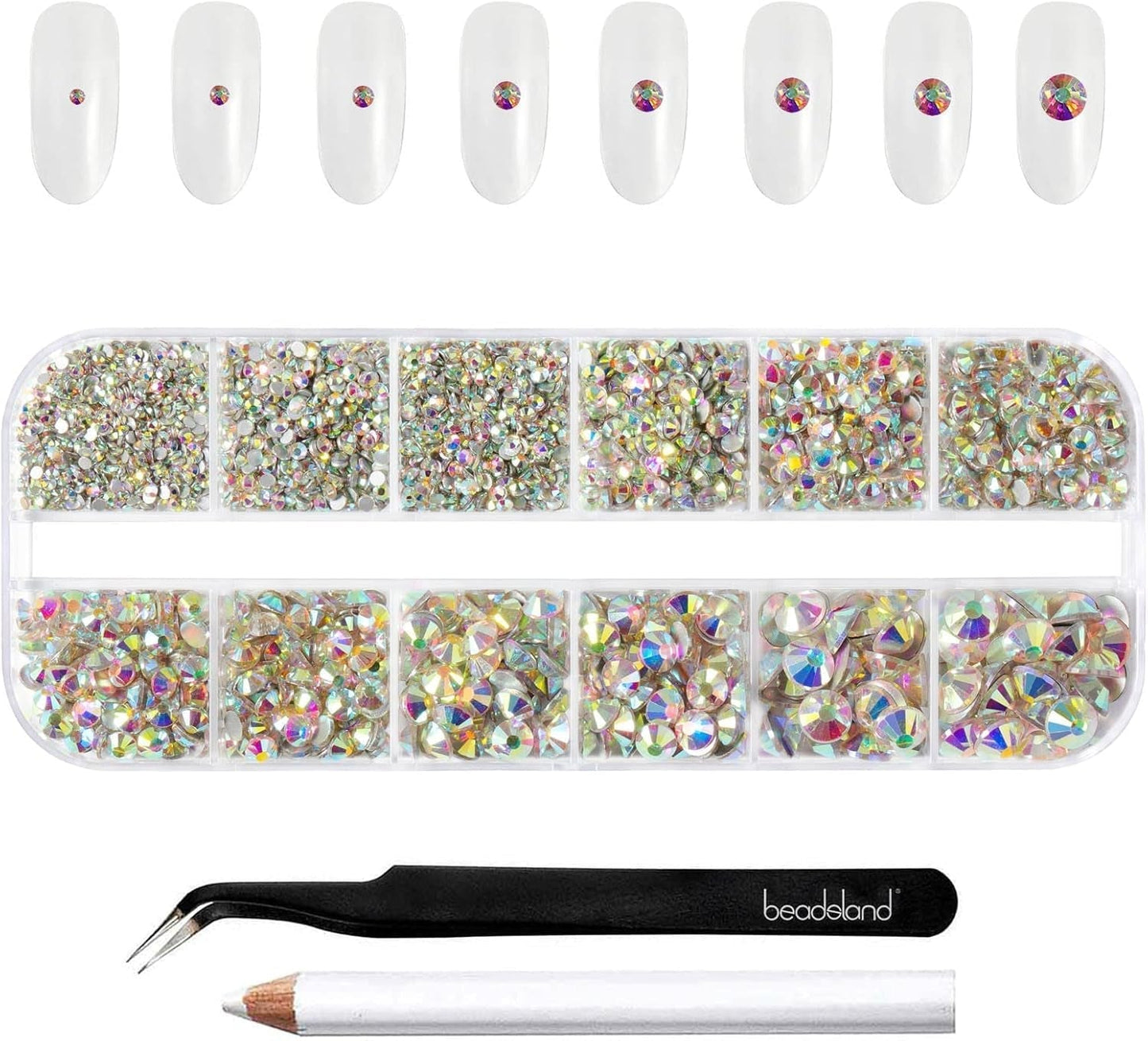 Beadsland 2500 pezzi di vetro per nail art strasssteine ​​​​Kristall Flatback Edelsteine ​​​​Runde, ​​für Handwerk Gemischt 8 Größen SS4 ~ SS30 con picking Pinzette e Stift (Kristall Weiss)